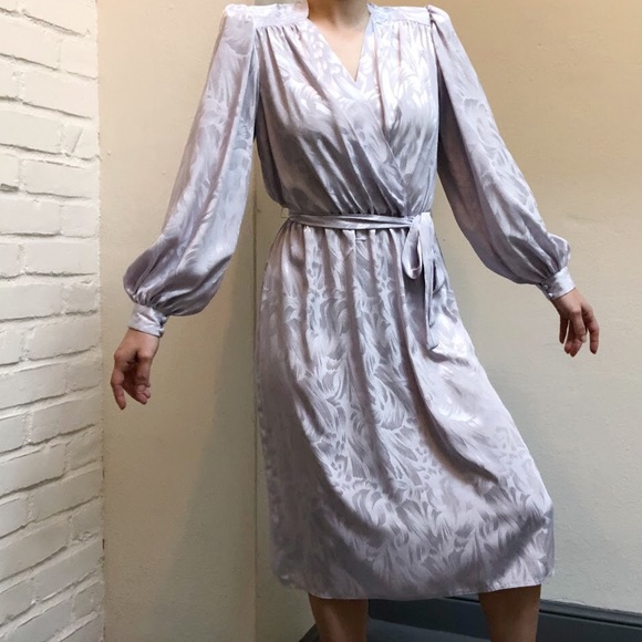Vintage 80s Liquid Satin Faux Wrap Midi Dress | 6 - Picture 2 of 8